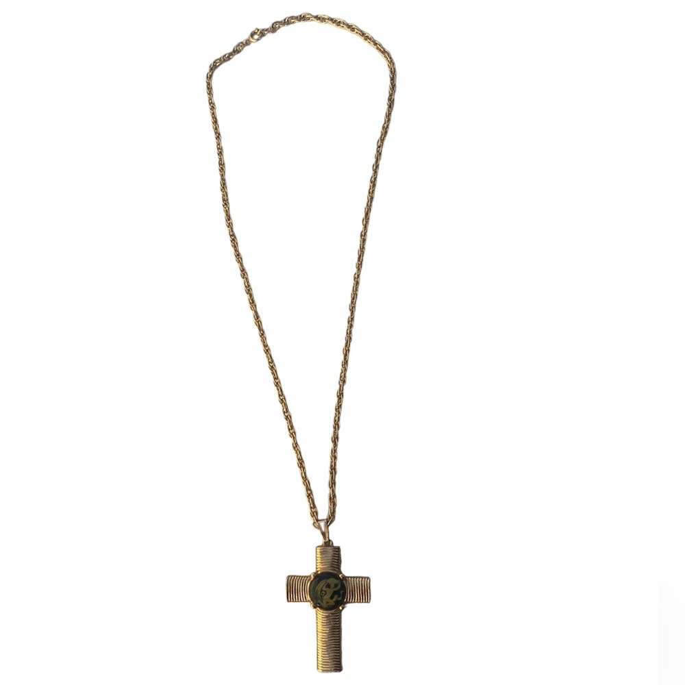 Jeane Dixon Zodiac Horoscope Astrological Glass Gold Tone Cross Pendant Necklace